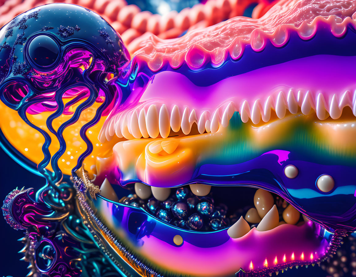 Colorful 3D digital art with glossy fluid shapes in blue, pink, and orange