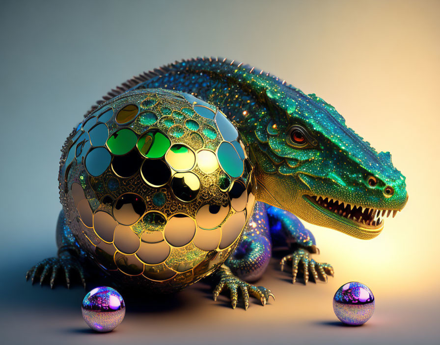 Metallic-textured lizard with patterned sphere on orange-blue gradient.