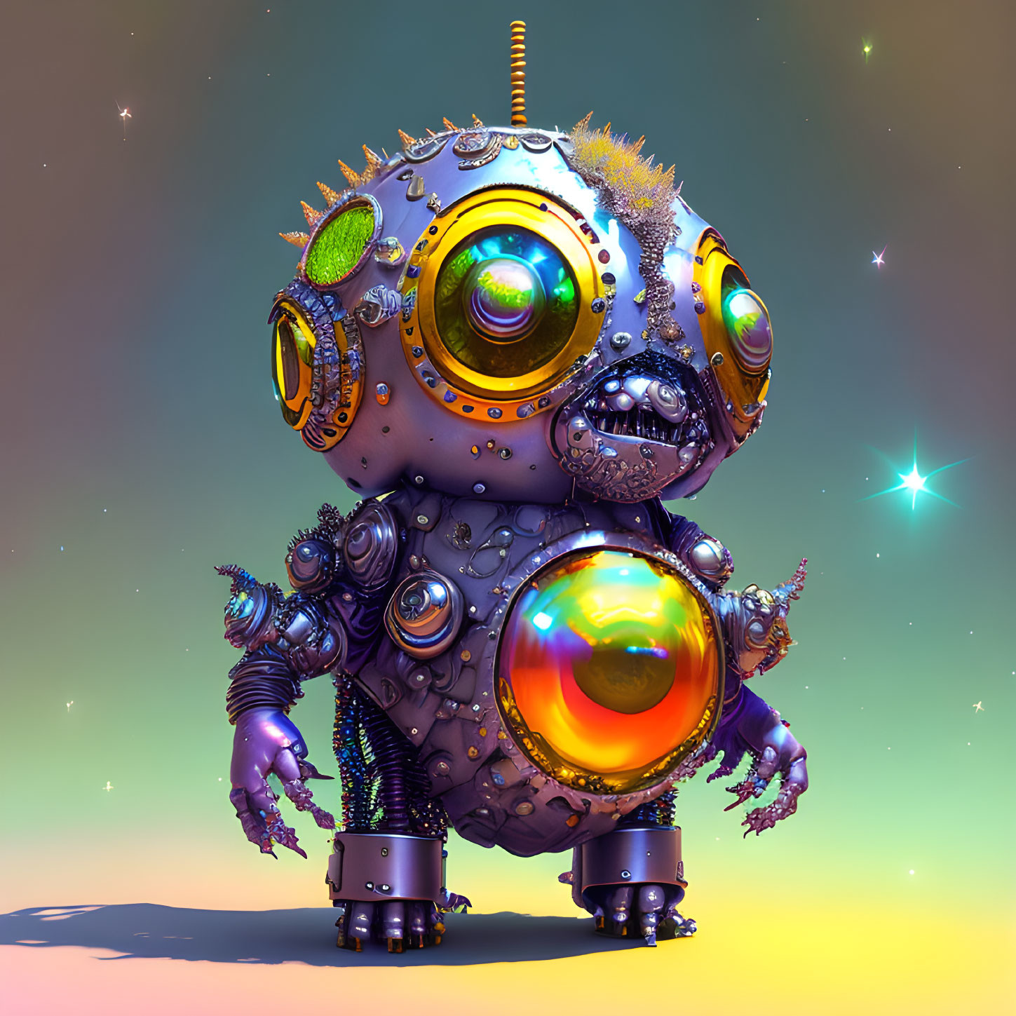 Whimsical spherical robot with expressive eyes on pastel gradient background