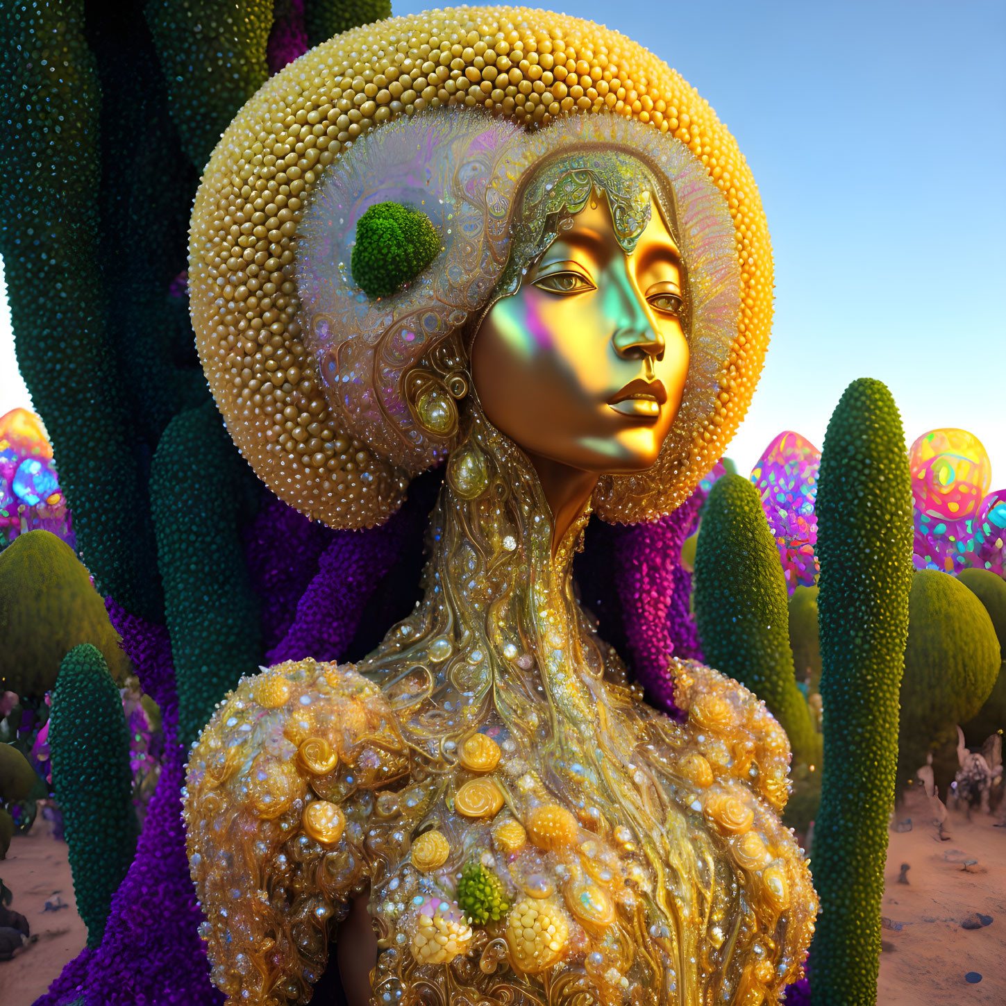 Golden female figure with ornate hat in 3D fantasy landscape