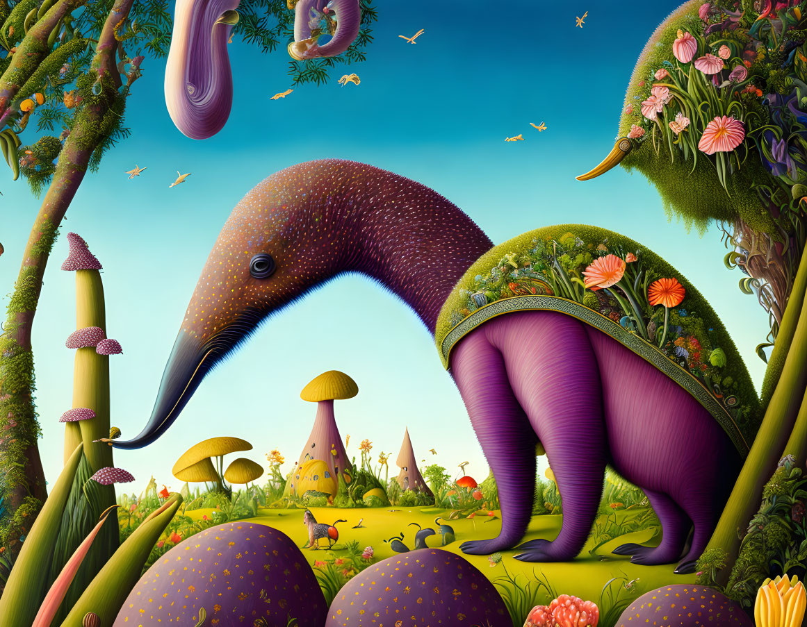 Whimsical giant anteater illustration in vibrant fantasy landscape