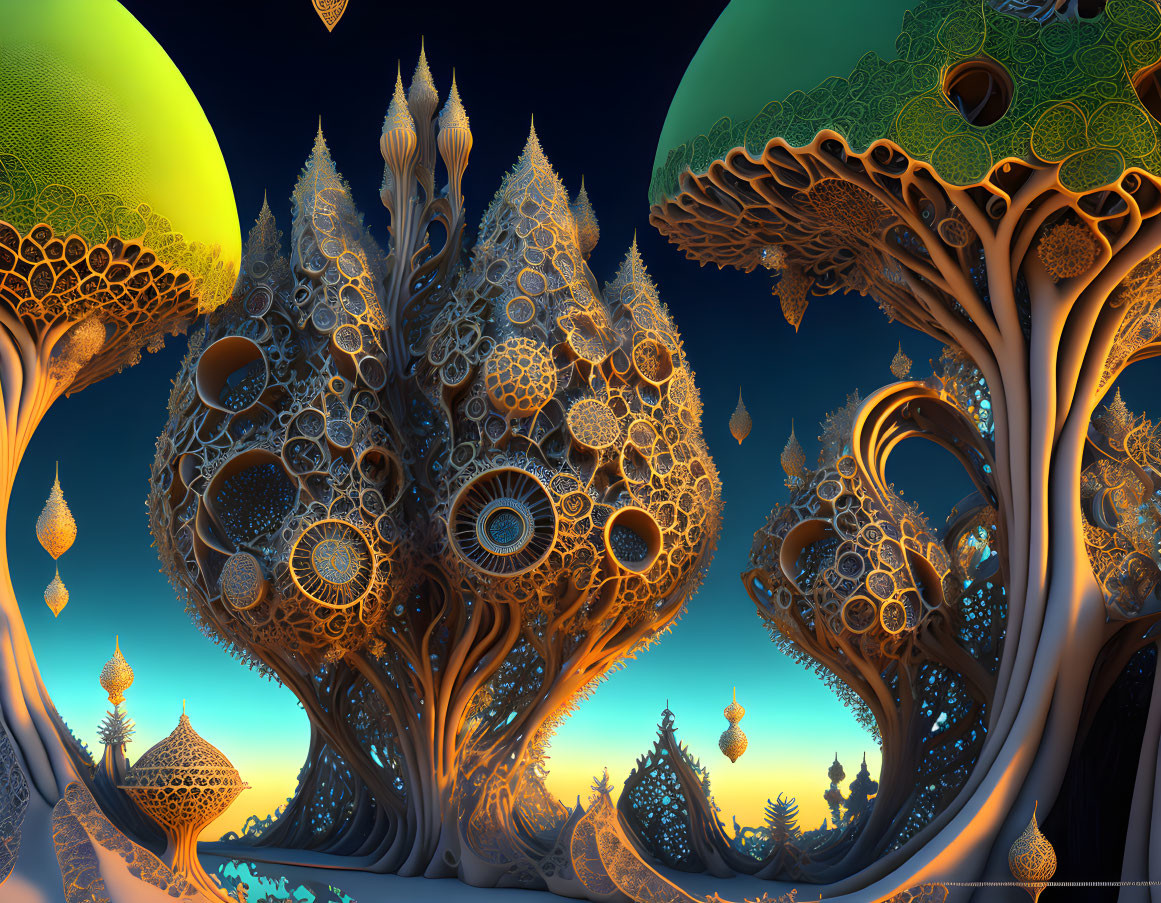 Surreal landscape with intricate tree-like structures and hanging lanterns under two large moons in fractal