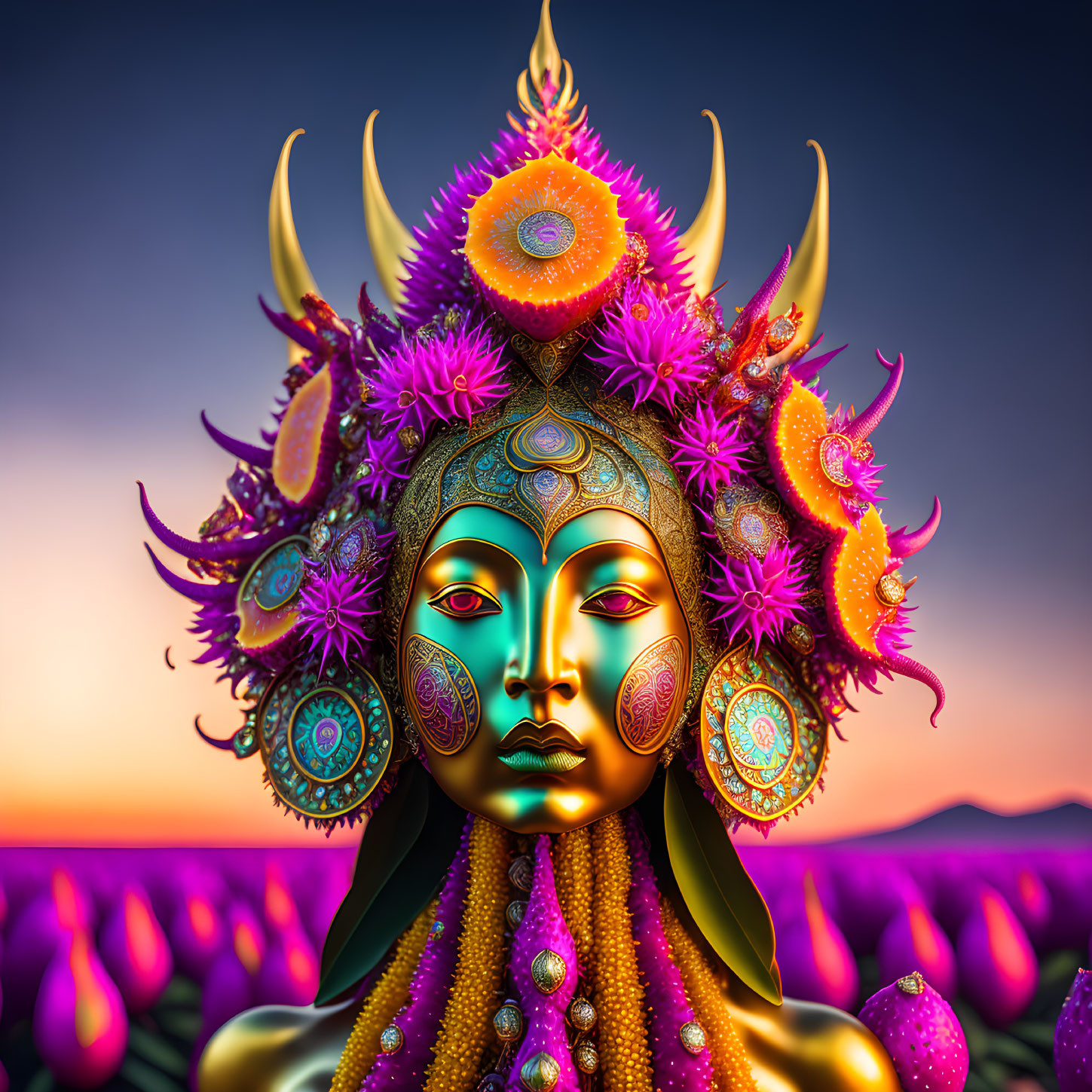 Vibrant surreal female figure with elaborate headdress in purple and orange palette