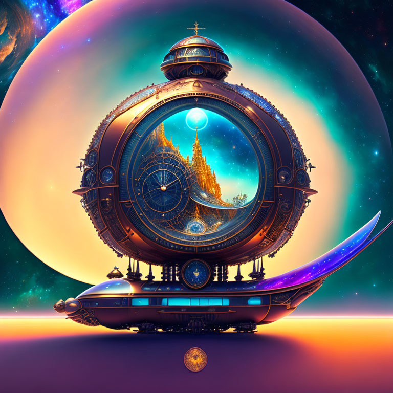 Ornate clockwork spaceship against giant planet and colorful sky