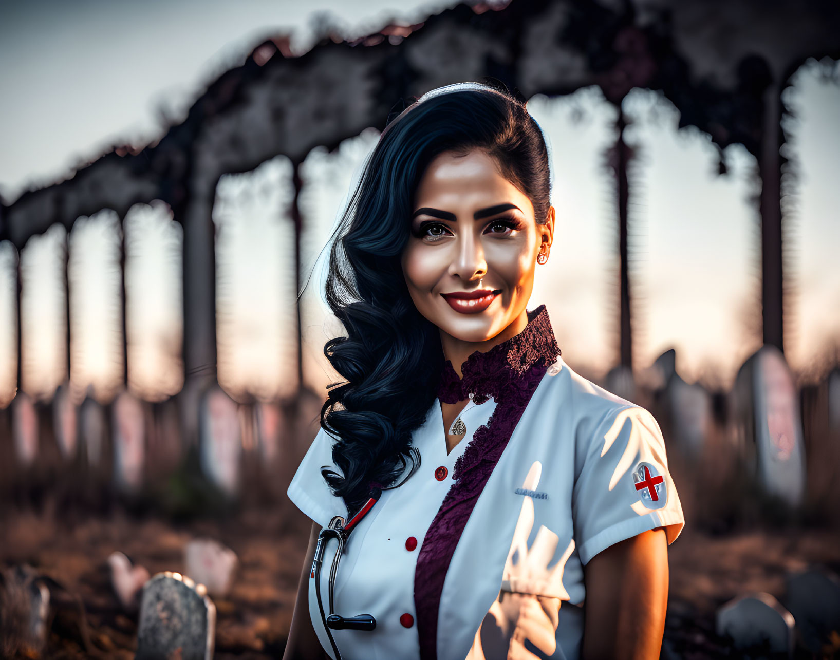 Female Nurse in Red Cross Uniform Smiling Outdoors at Dusk