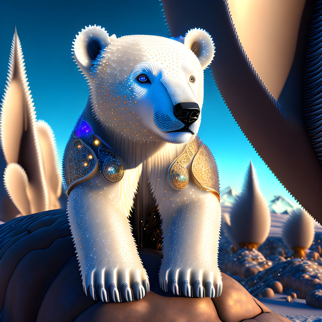 Digital art of stylized polar bear with glowing designs in icy landscape