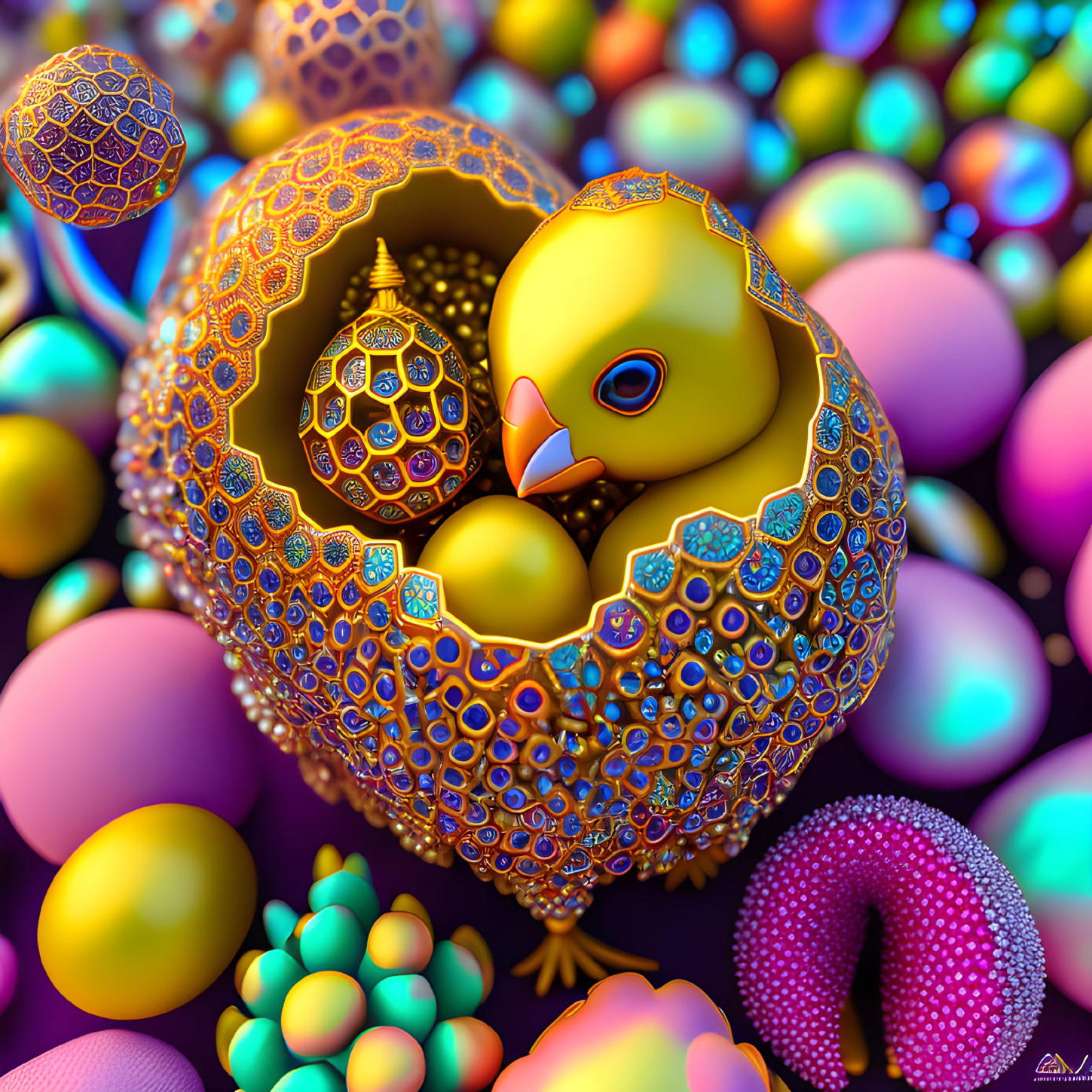 Detailed Golden Chick in Ornate Easter Egg Amid Colorful Spheres