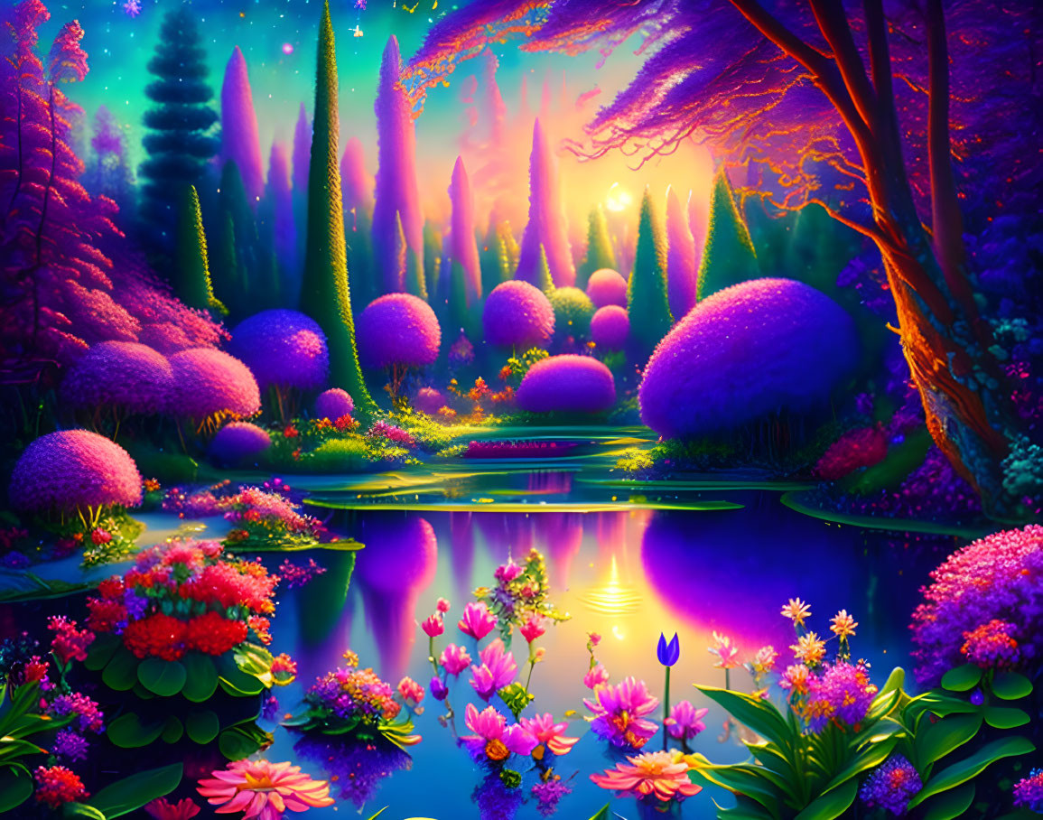 Colorful Fantasy Landscape with Purple Foliage, Pink Flowers, and Serene Blue Pond