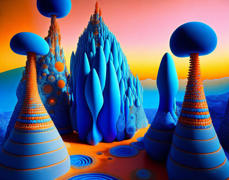 Colorful surreal landscape with blue and orange hues and organic shapes reminiscent of coral or fungi