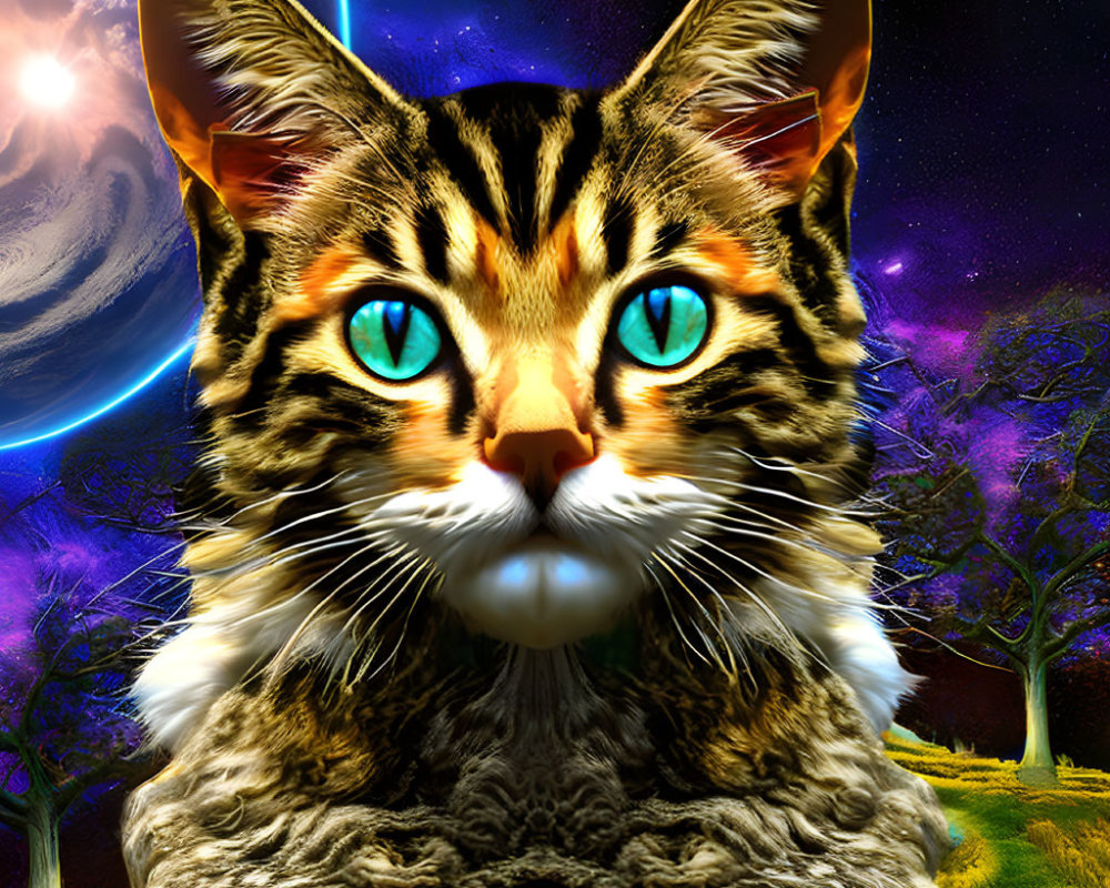 Colorful Cat with Blue Eyes in Cosmic Fantasy Scene