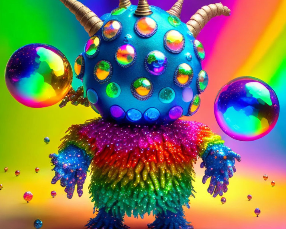 Colorful spherical creature juggling iridescent bubbles on rainbow background