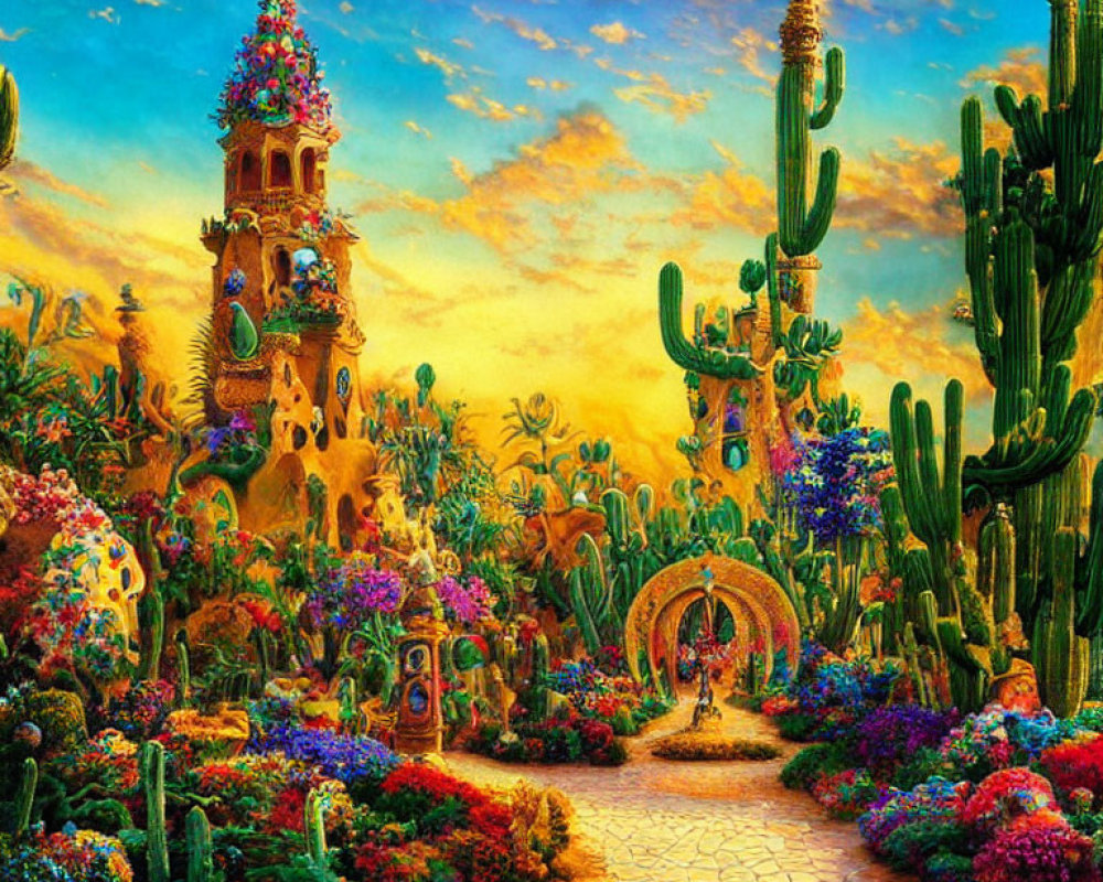 Colorful desert landscape with cobblestone path, ornate archway, lush flora, cact