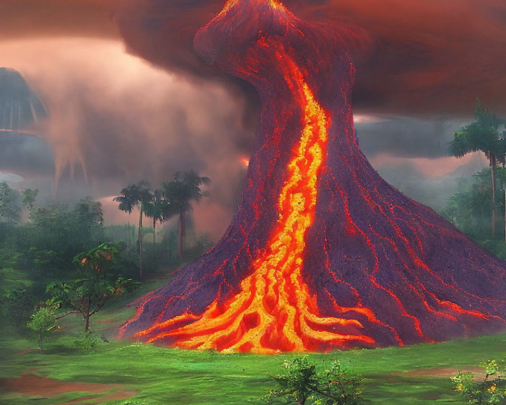 Volcanic eruption in lush jungle with lava flows and smoke