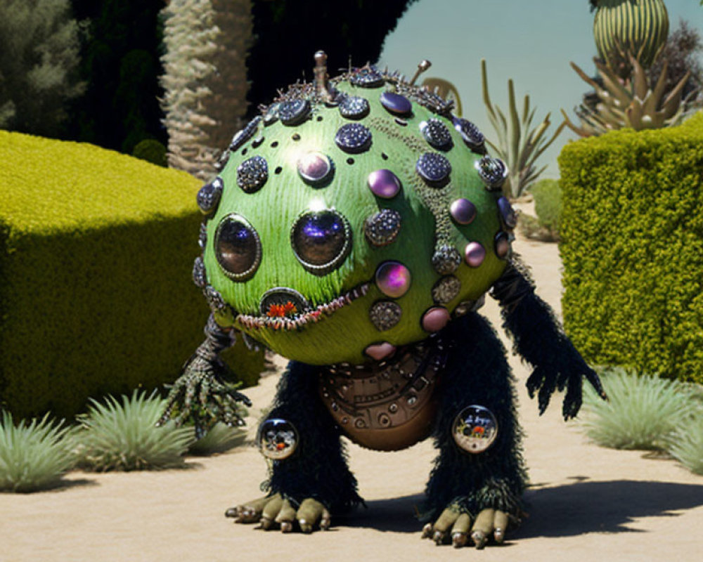 Round cactus creature with jewels and furry lower half in desert garden