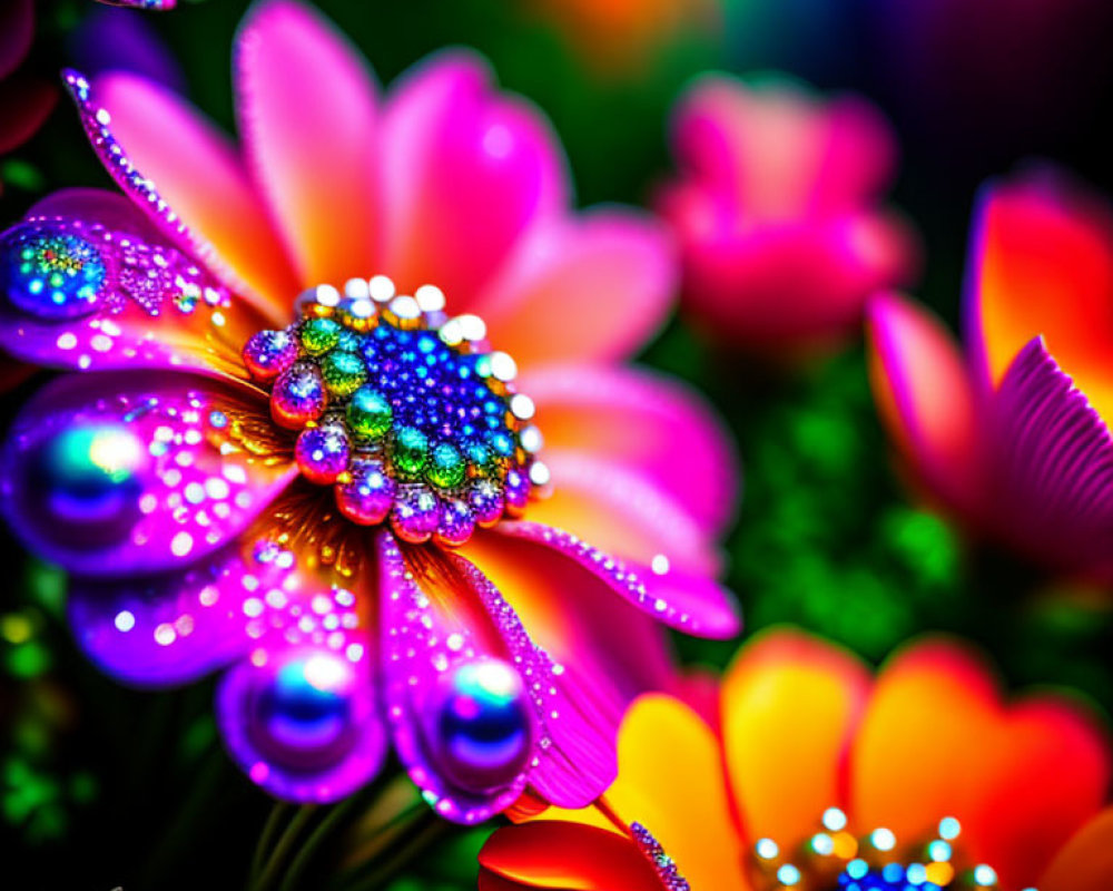 Colorful Dewy Flowers Under Psychedelic Lighting