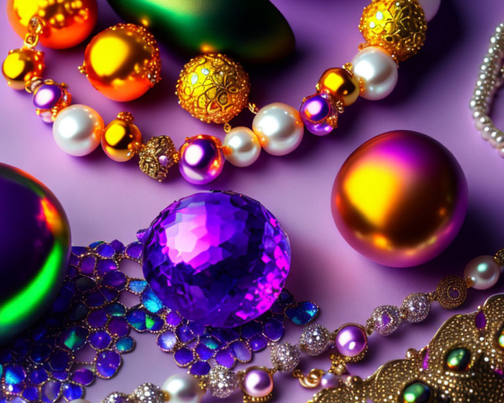 Vibrant gemstones, pearls, and gold jewelry on purple surface