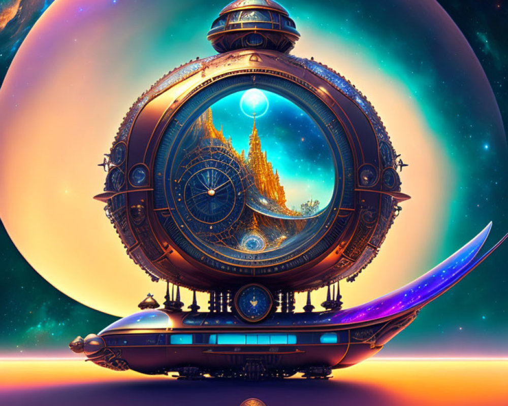 Ornate clockwork spaceship against giant planet and colorful sky