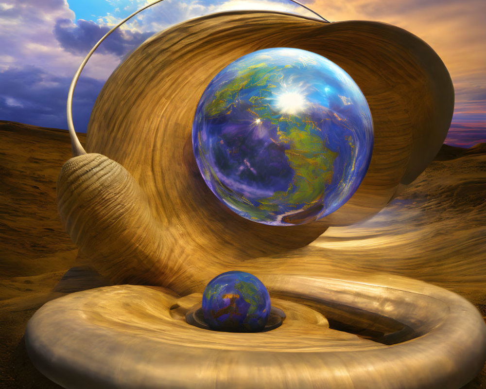 Surreal image: Earth marbles in wooden spirals under dramatic sky