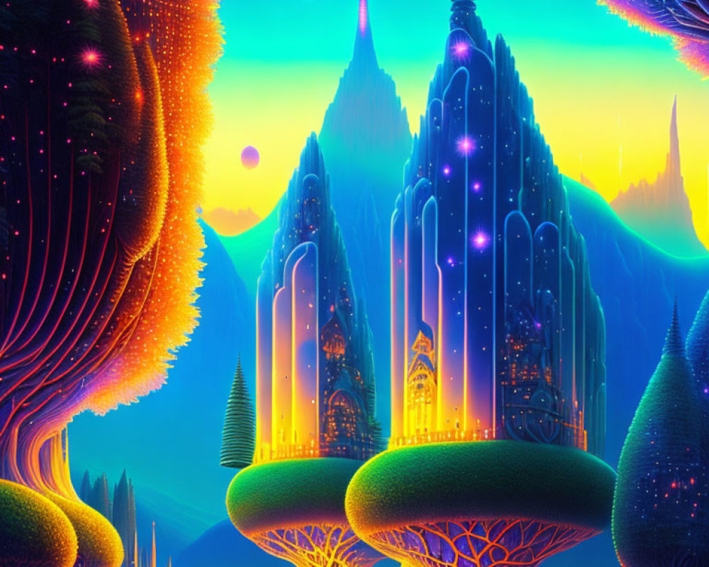 Colorful otherworldly landscape with magical trees and towering structures under twilight sky.