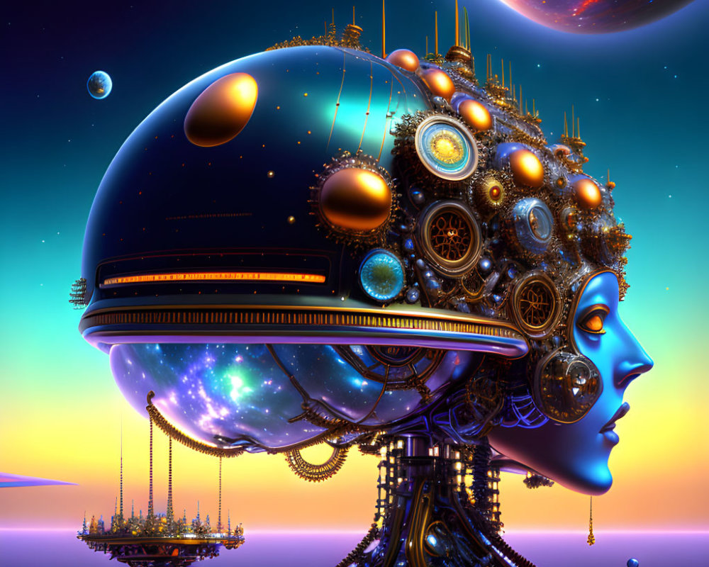 Female profile with cybernetic features in celestial landscape with gears.