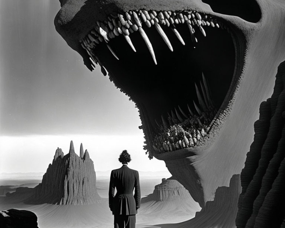 Person in surreal landscape with towering rock formations and giant skull.