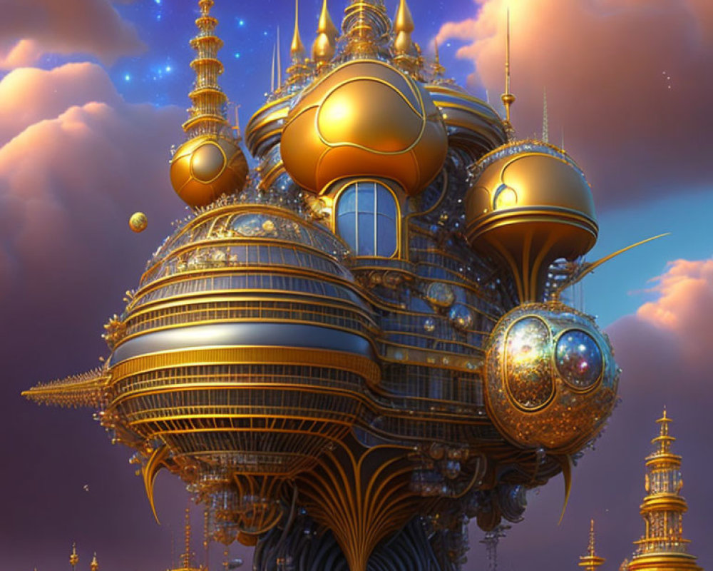 Fantastical Floating City with Golden Domes and Spires at Dusk