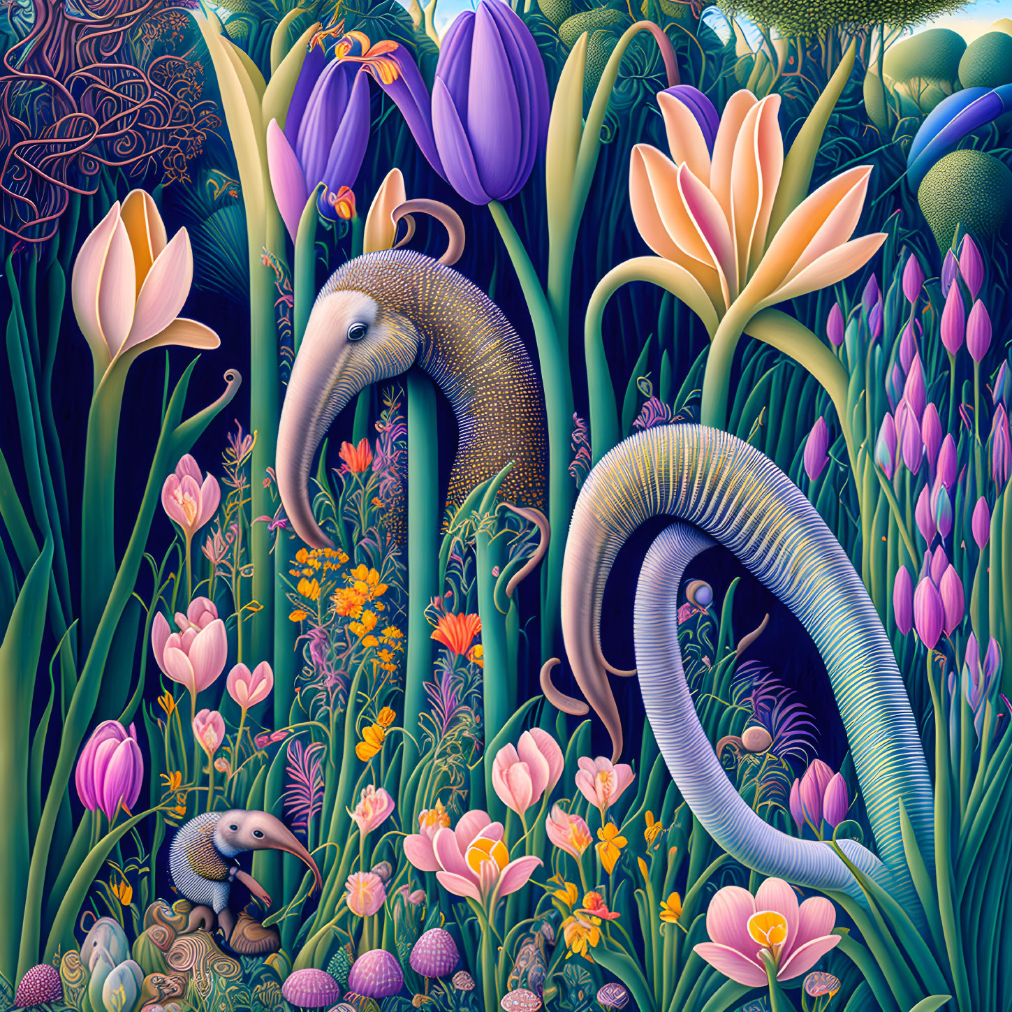 Colorful Botanical Illustration: Two Anteaters Among Stylized Flowers