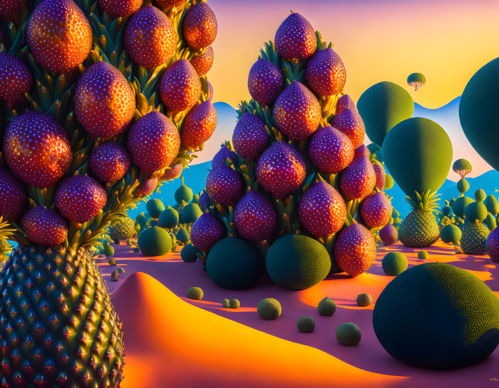 Surreal landscape with large fruits on orange ground