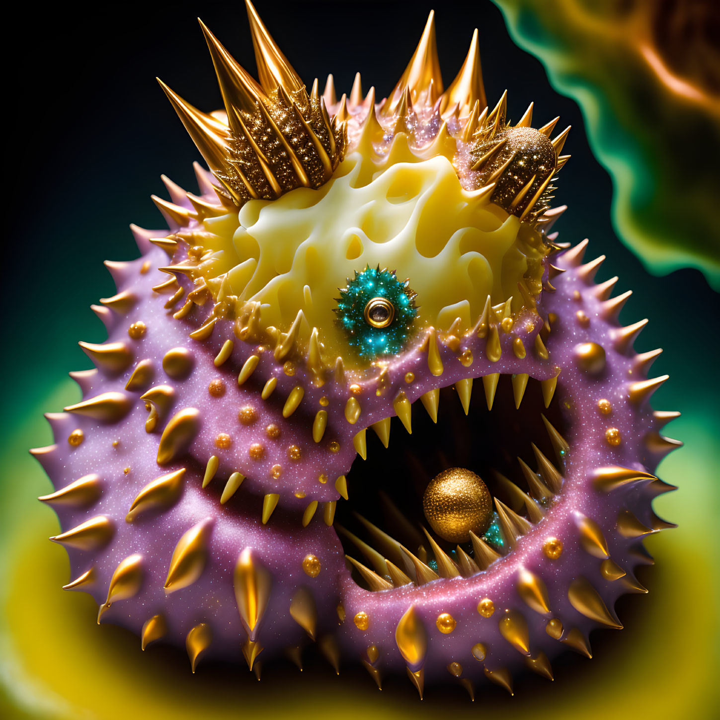 Colorful 3D-rendered creature with spikes and eye holding ball in mouth