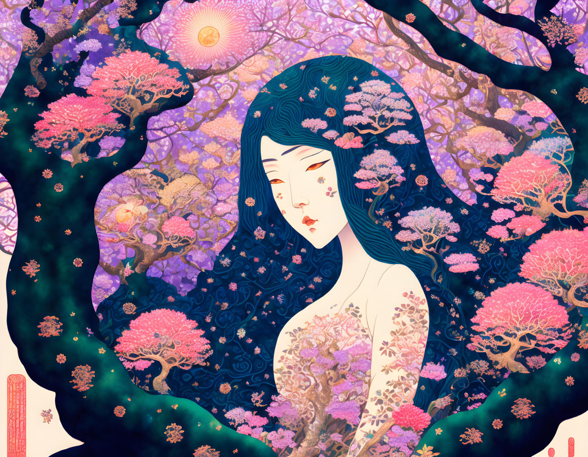 Illustration of woman merging with vibrant purple and pink landscape