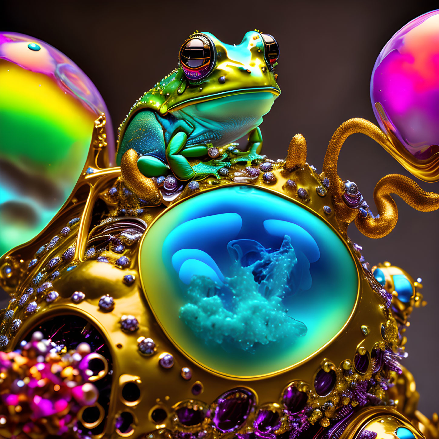 Colorful digital illustration of whimsical frog on golden orb with bubbles and jellyfish.