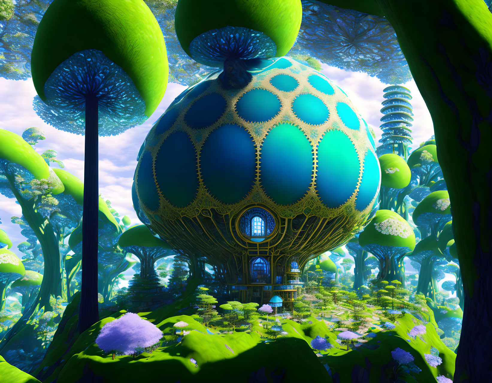 Vibrantly colored oversized mushrooms in a fantastical forest setting