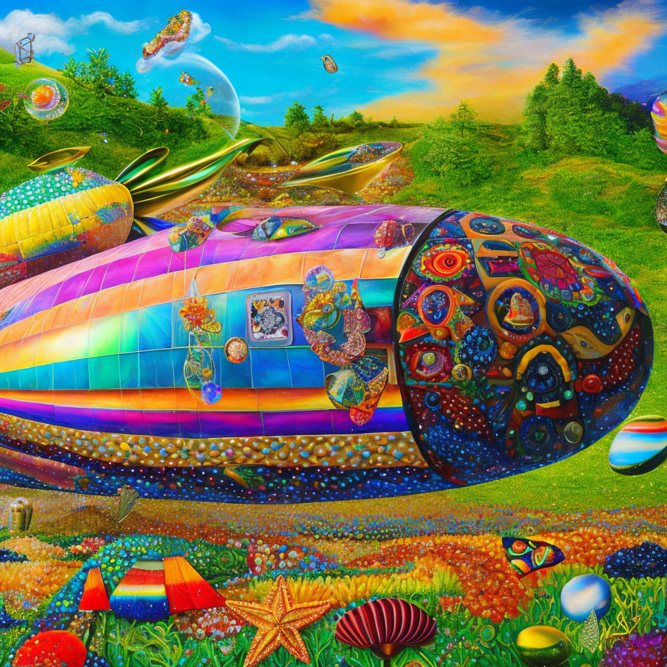 Colorful psychedelic landscape with zeppelin-like airship and whimsical decorations