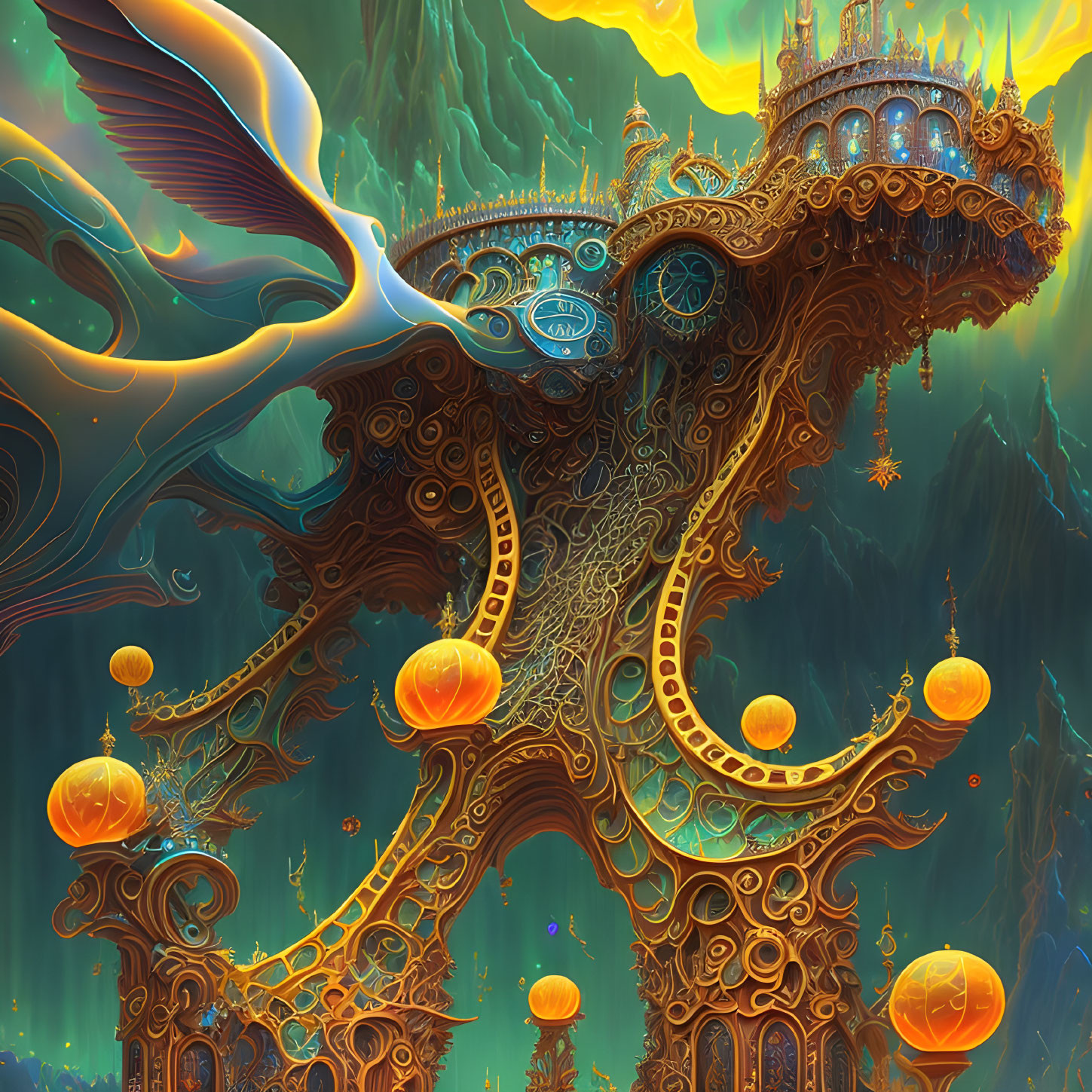 Vibrant fantasy image of tree-like structure supporting castle with floating orbs and majestic bird