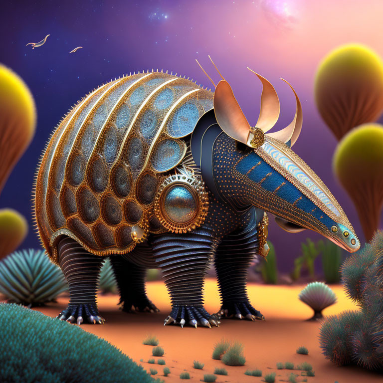 Armored armadillo-like creature in vibrant alien landscape