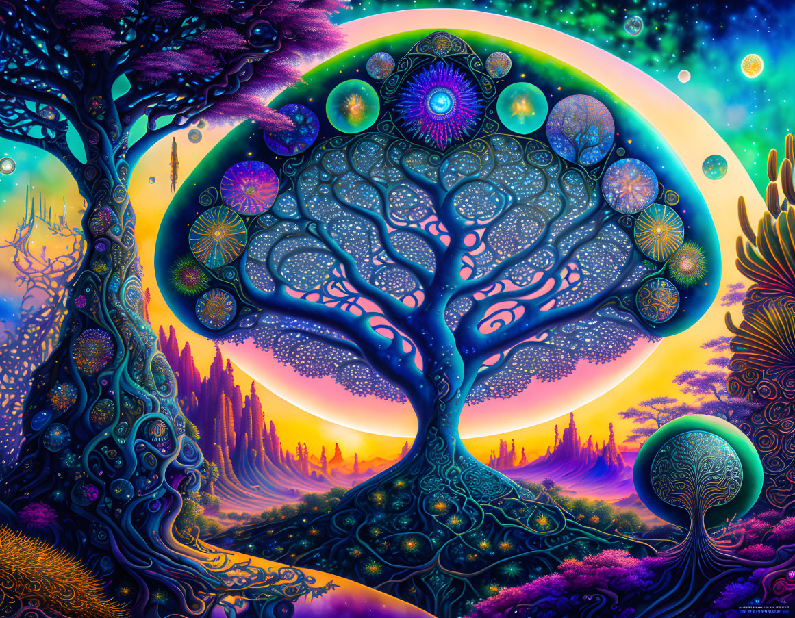 Colorful Psychedelic Tree Artwork with Celestial Bodies and Dreamlike Landscape