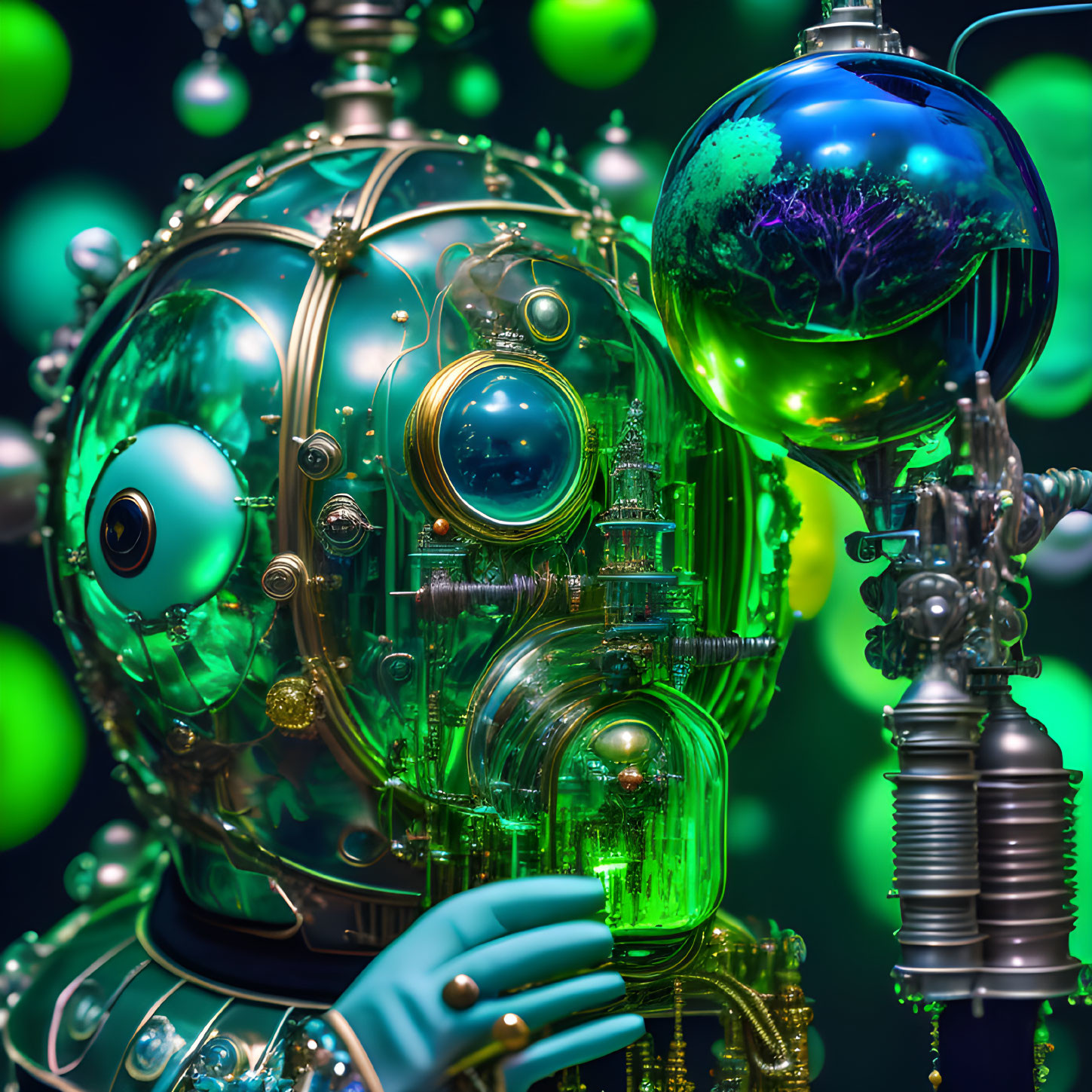 Detailed Steampunk Robot with Brass Gears and Green Orbs