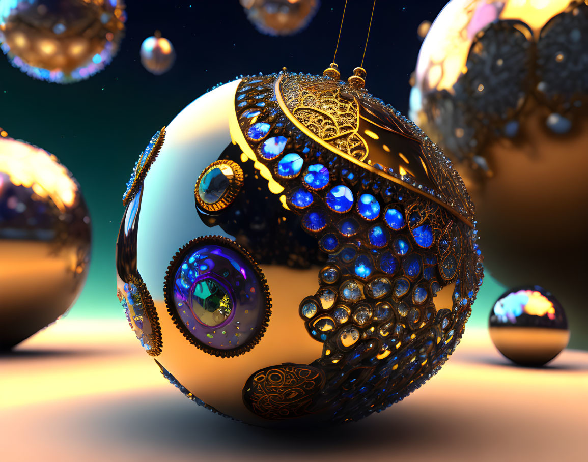 Detailed digital rendering of ornate spherical jeweled bauble with blue gemstones