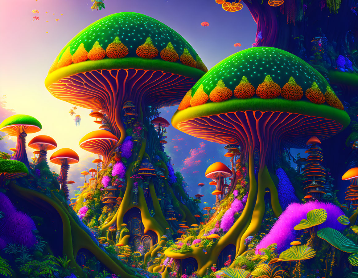 Colorful oversized mushrooms in vibrant fantasy landscape