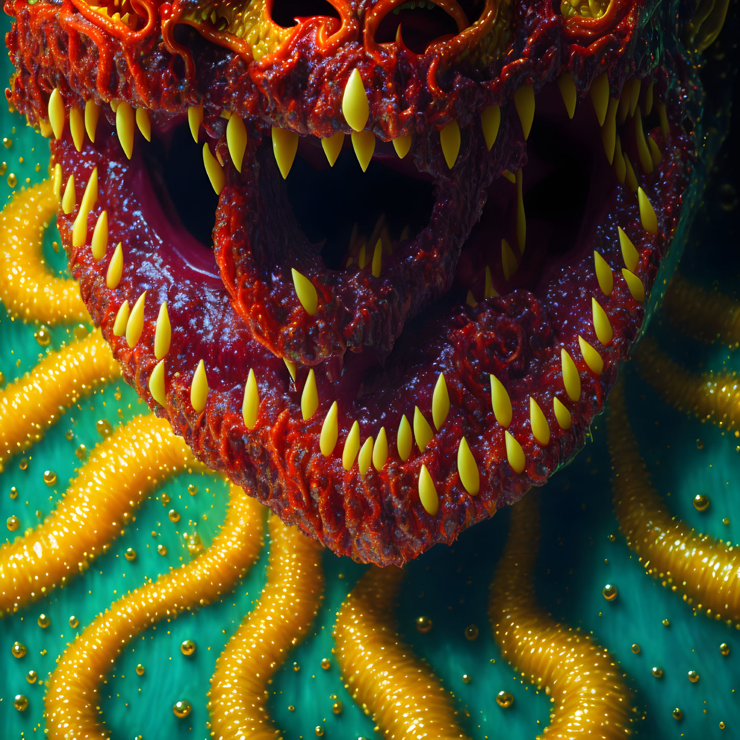 Fantastical creature with gaping mouth, sharp teeth, red skin, yellow tentacles