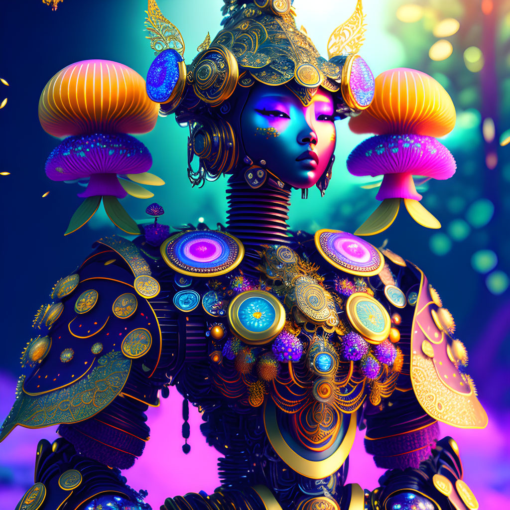 Vibrant digital art of futuristic figure in golden armor among glowing mushrooms