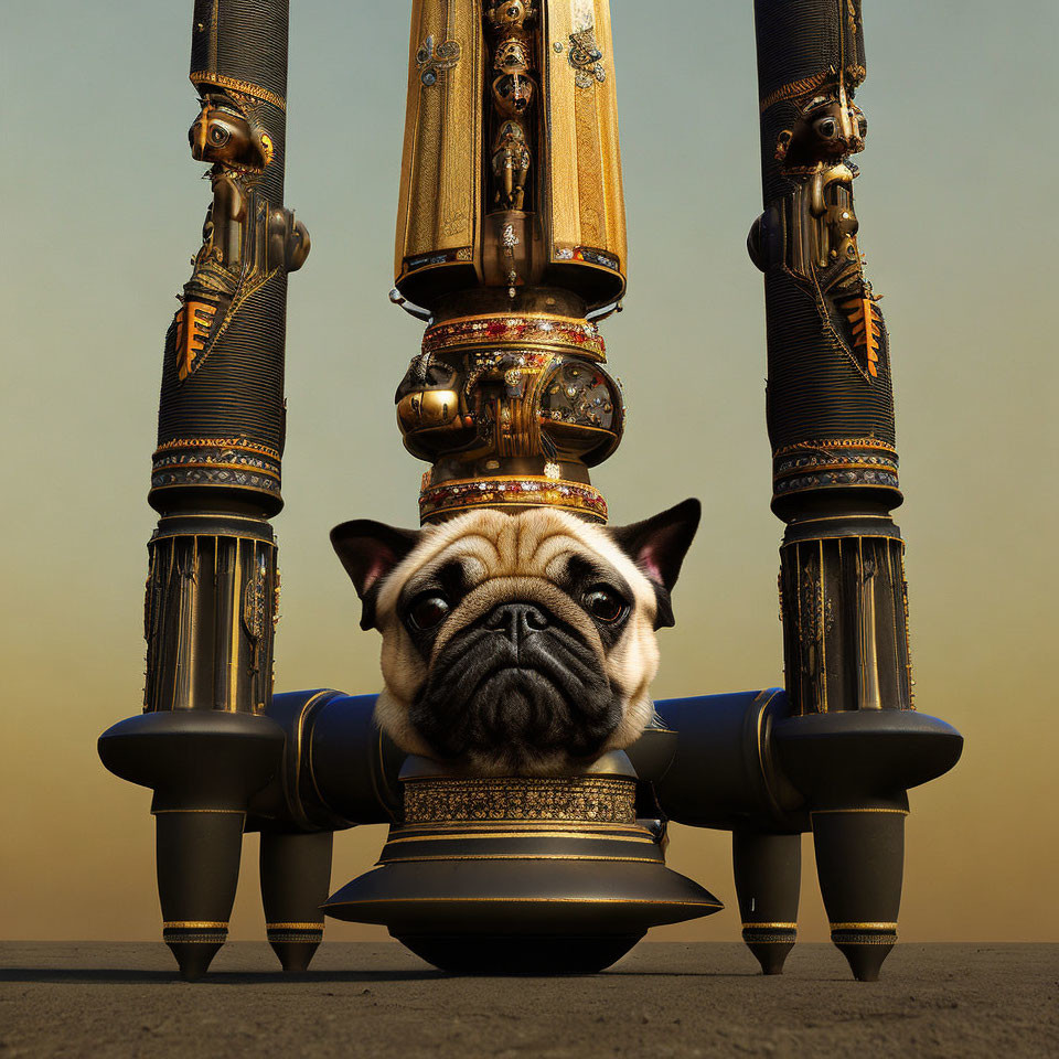 Solemn pug dog under ornate trumpet structure in dusk.