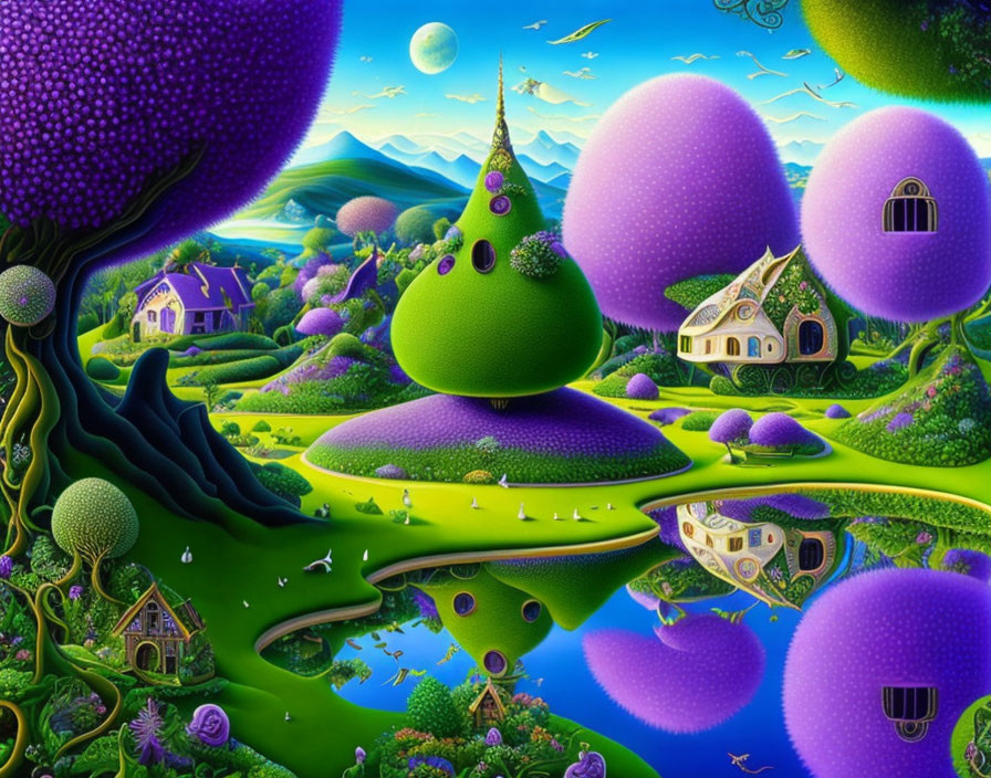 Fantasy landscape with purple trees, green hills, and moonlit reflection