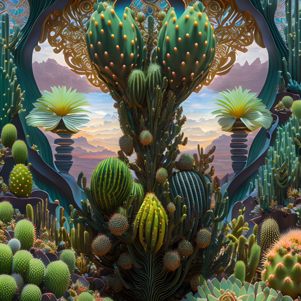 Colorful surreal desert landscape with stylized cacti and sunset sky.