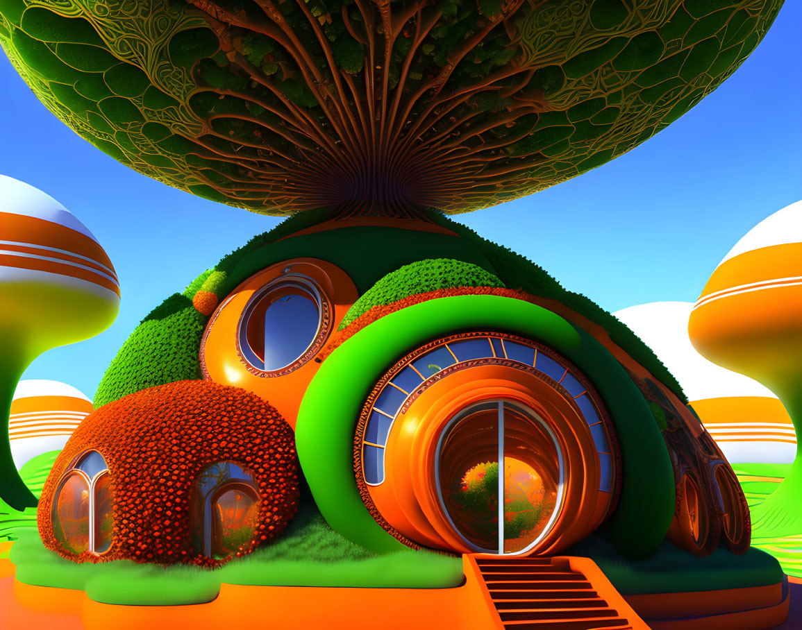 Fantastical landscape with mushroom-shaped houses and giant tree