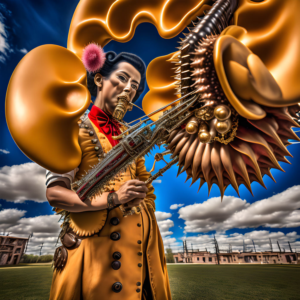 Surreal digital artwork: stylized person with saxophone, golden shapes, cloudy sky