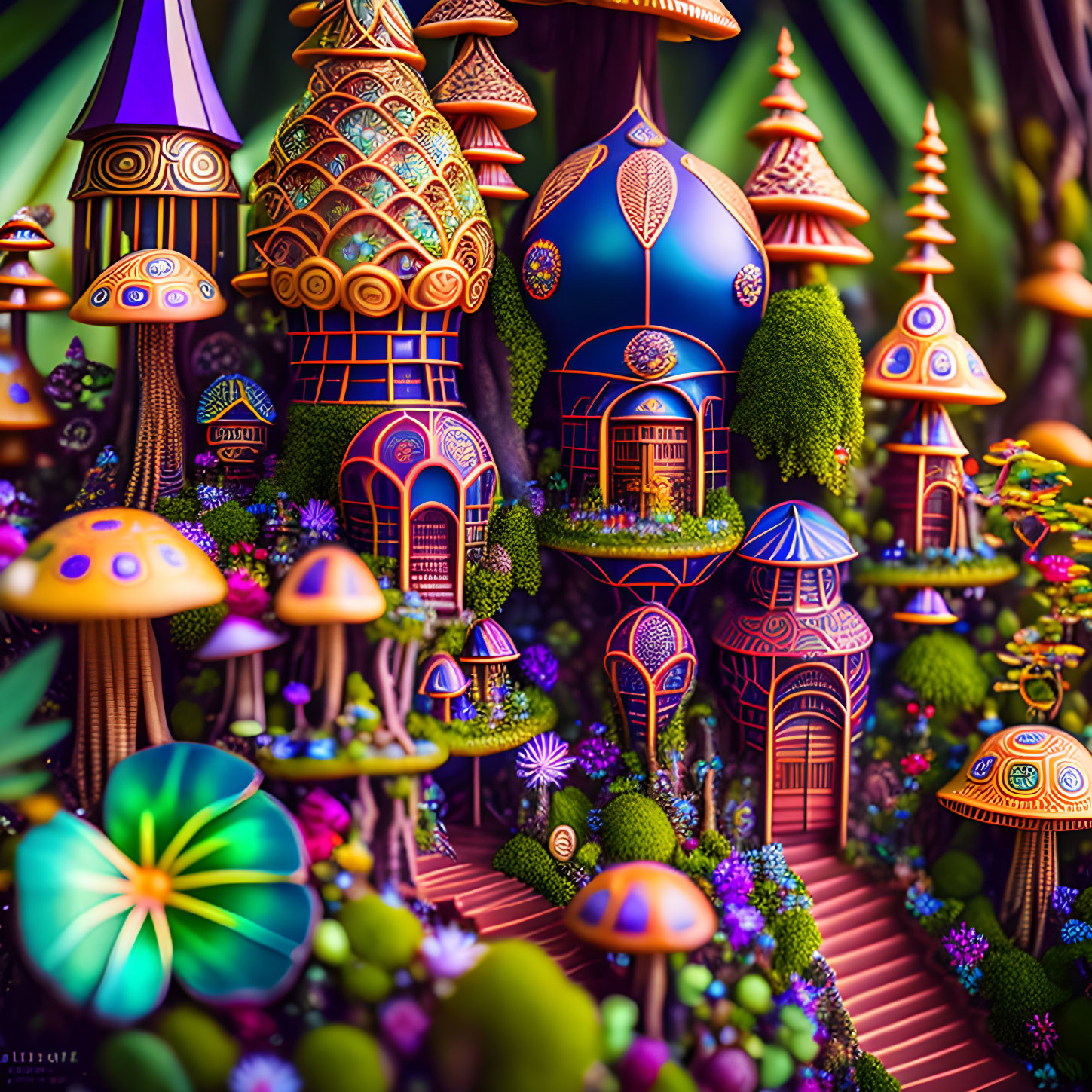 Colorful illustration: Whimsical fairy tale village with mushroom-shaped houses