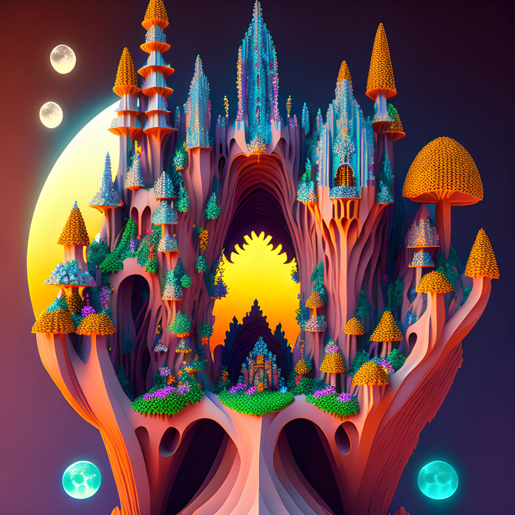 Colorful Fantasy Landscape with Mushroom-like Trees and Celestial Bodies