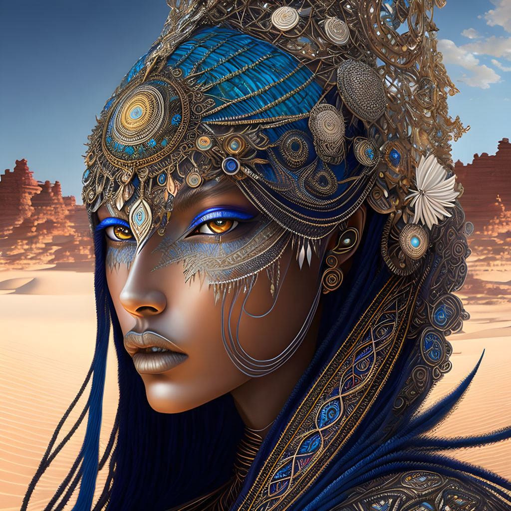 Blue-skinned woman with yellow eyes and ornate headgear in desert scene