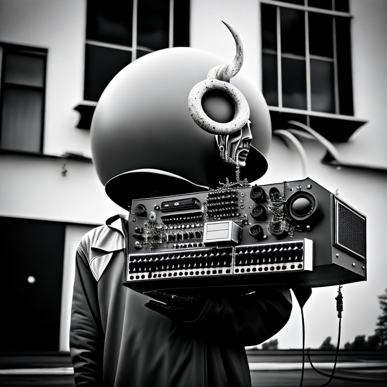 Monochromatic photo of person with spherical helmet and retro-futuristic machinery